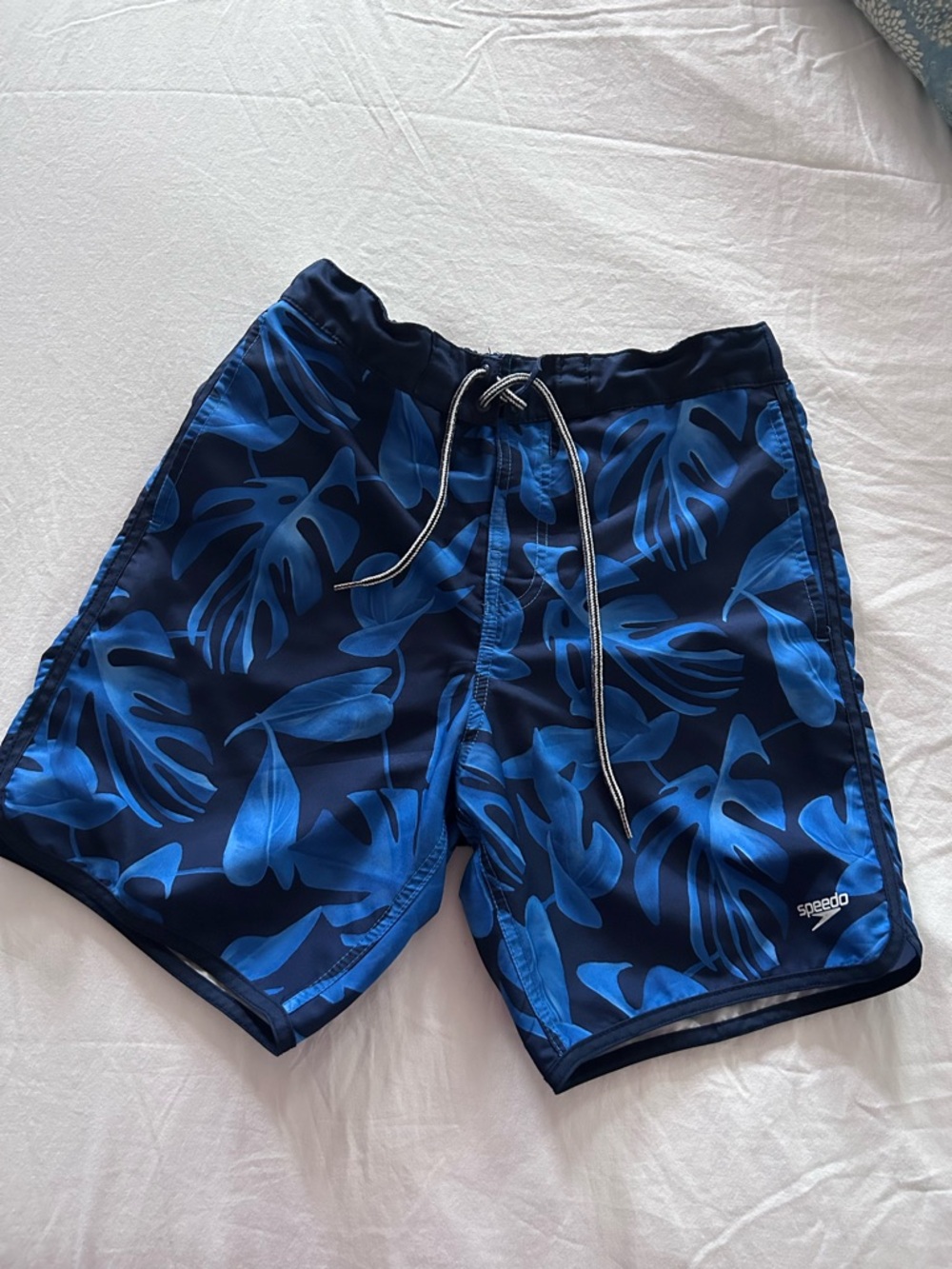 Speedo Men’s Navy and Bright Blue Leaf Print Swim Trunks